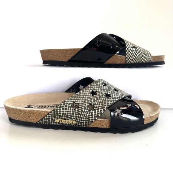 MEPHISTO NANOU STAR CROSSED STRAPS METALLIC/BLACK PATENT LEATHER SANDALS Sz9/39 - Picture 3 of 11